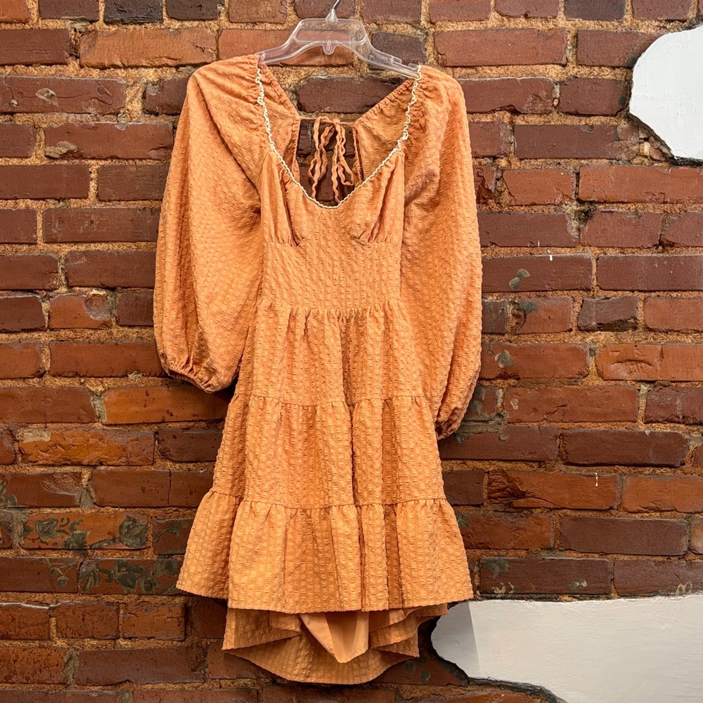 Molly Green Open Back Puff Sleeve Texture Tiered Ruffled Orange Fall Dress Sz S